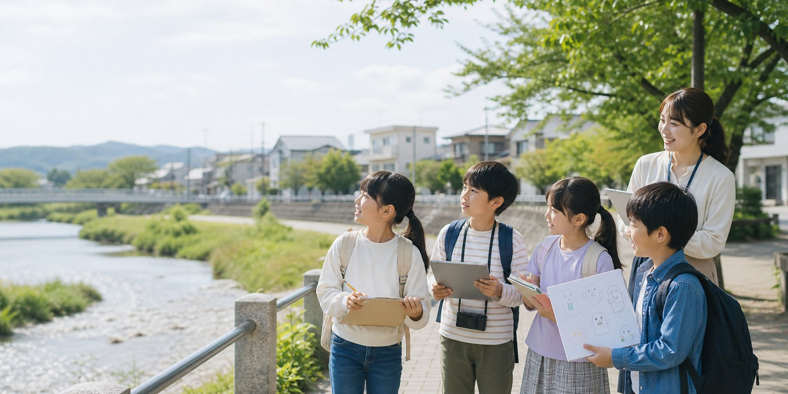 川沿いで子どもたちが地域の気づきを記録し、お化けのスケッチを考えている様子